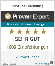 ProvenExpert Kundenbewertungen: SEHR GUT, 5 Sterne, 100 % Empfehlungen für Kronfried Consulting